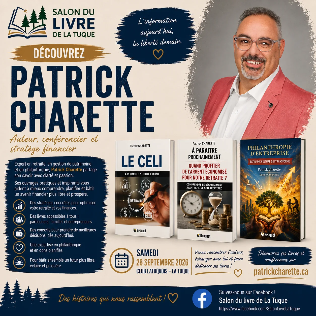 Affiche officielle du Salon du livre de La Tuque annonçant la présence de Patrick Charette le 26 septembre 2026 au Club Latuquois.