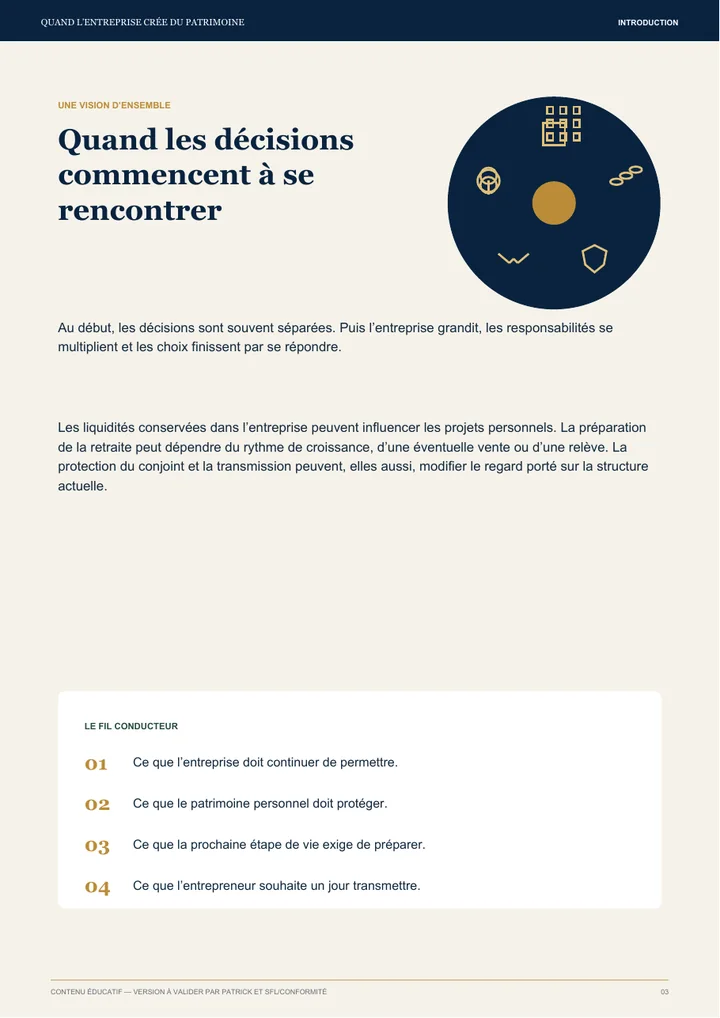 Page du guide présentant six dimensions du patrimoine entrepreneurial