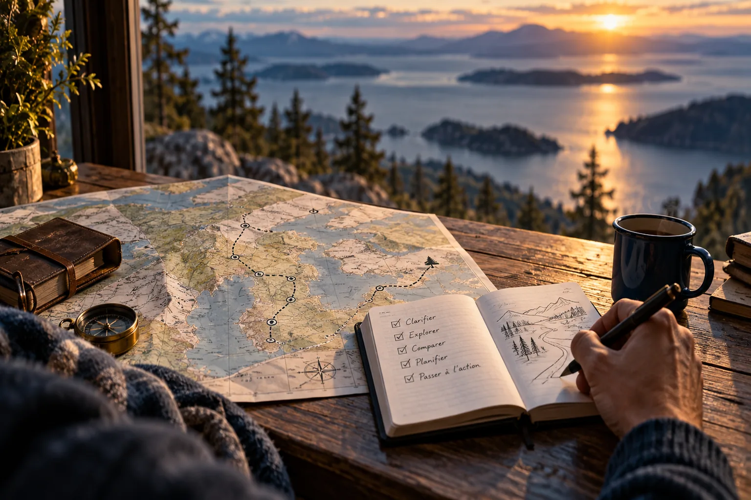 Une carte et un carnet servent de repères pour préparer un chemin.