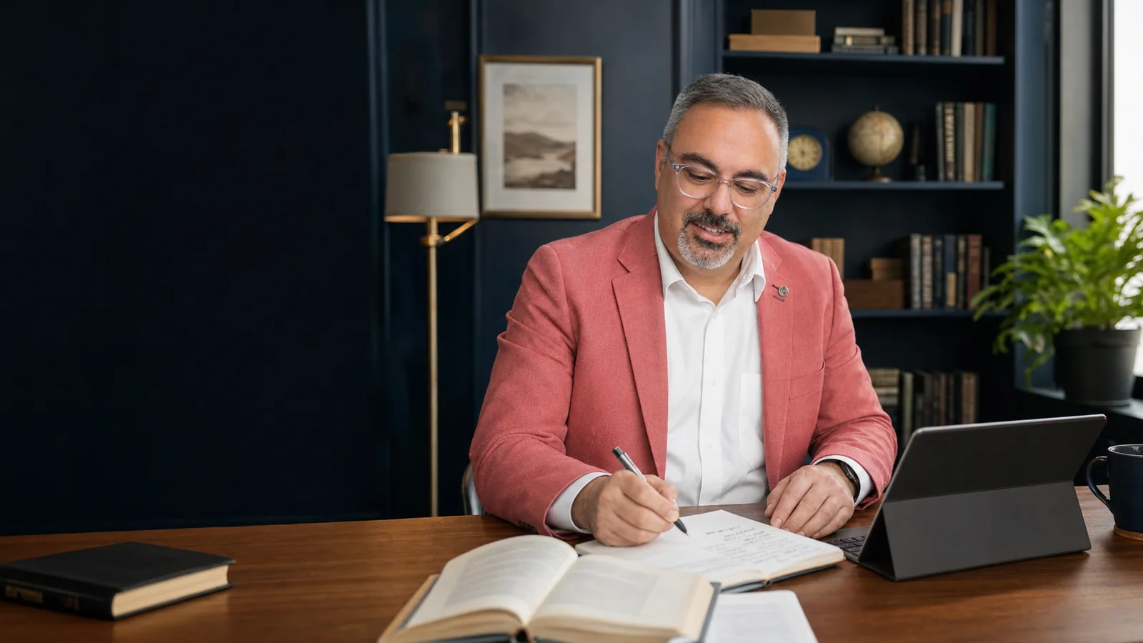 Patrick Charette en train d'ecrire dans un bureau editorial avec livres, carnet et documents de travail.